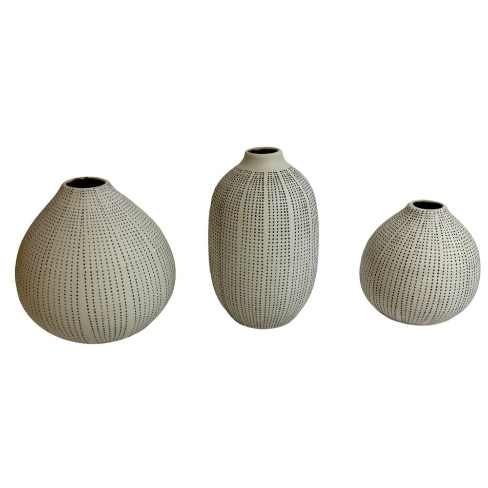 White Stoneware Vases Black Polka Dots Set of 3 Sizes New In Box Home‎ Decor